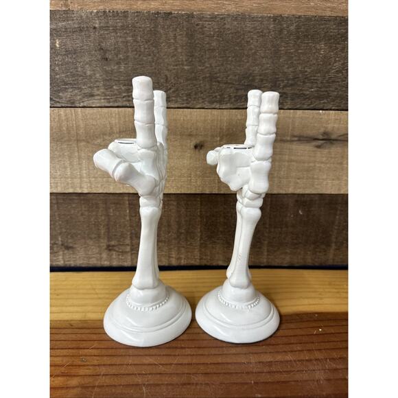Hyde & EEK Skeleton Hand Candle Holder 9" White Resin Spooky Set Of 2 - Picture 2 of 5
